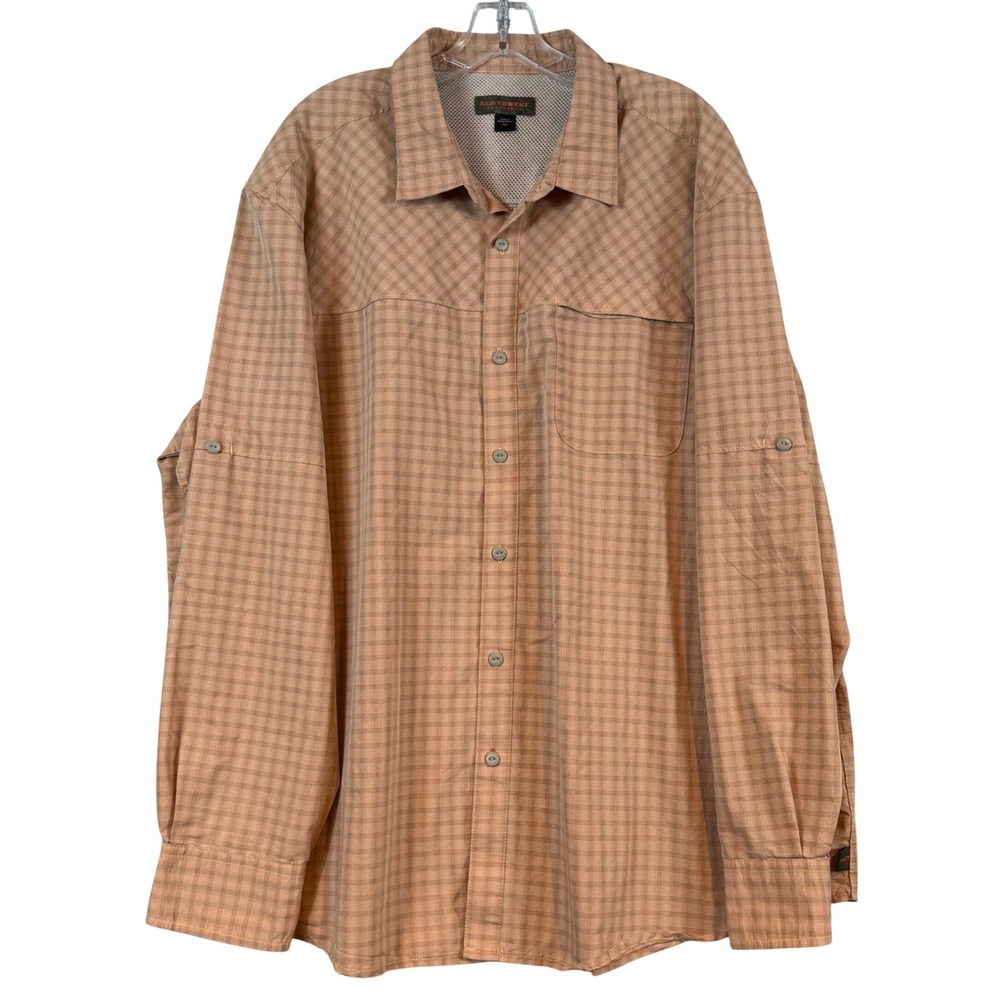 Northwest Territory Mens XXL Plaid Button Down Shirt Roll Tab‎ Sleeve Orange Tan